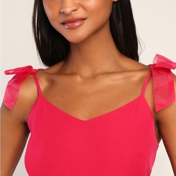 Lulu's | What a Gift Hot Pink Bow Strap Midi Dress Size Medium - Picture 4 of 6